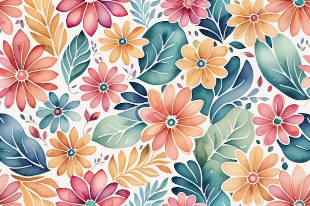 A seamless colorful watercolor floral pattern flowers pattern with white background generative ai