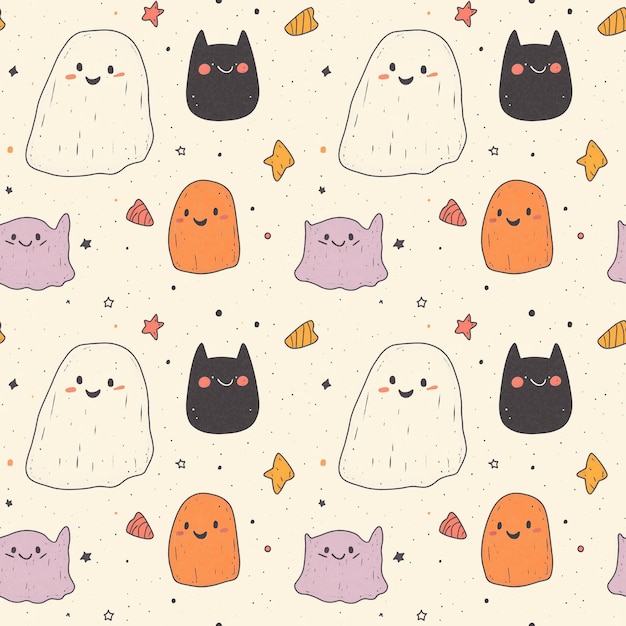 Seamless cute Halloween pattern with smiling ghosts bats and candy corn