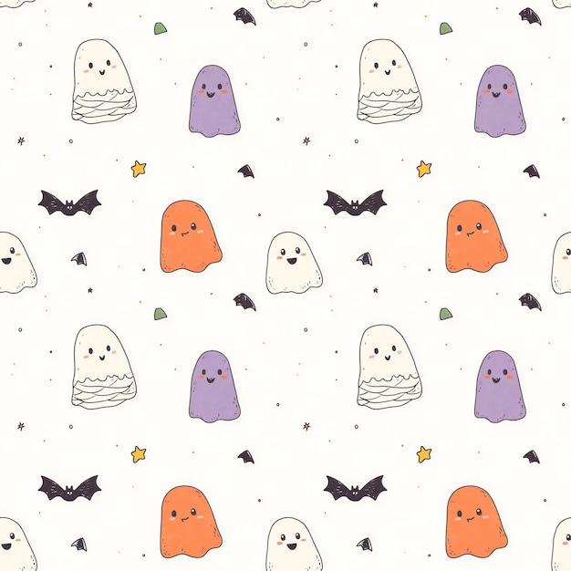 Photo seamless cute halloween pattern with smiling ghosts bats and stars