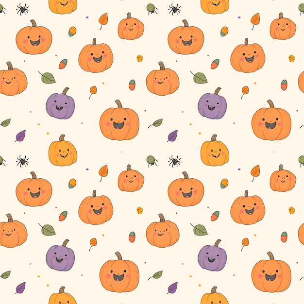 Seamless cute Halloween pattern with smiling pumpkins leaves acorns and spiders