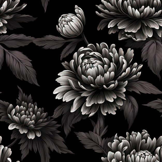 Seamless decorative black and white flowers pattern