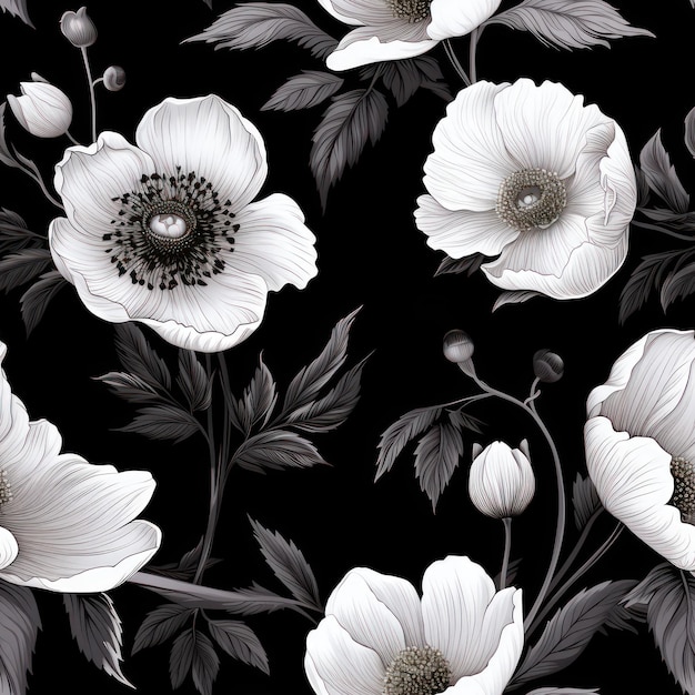 Seamless decorative black and white flowers pattern