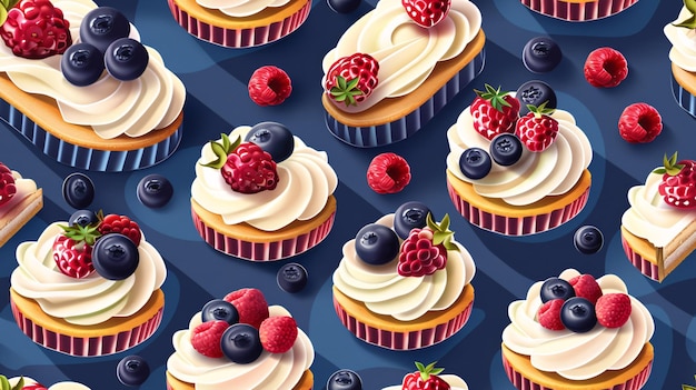 A seamless design featuring various pastries with berries and custard perfect for a bakery or cafe menu