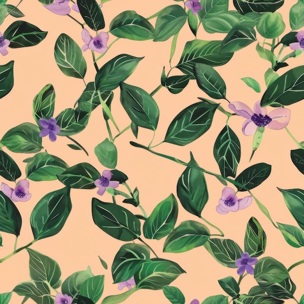 Photo seamless digital pattern of green leaves and purple flowers on peach background