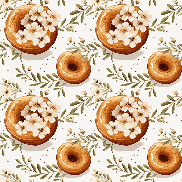 Seamless donut pattern with donuts white flowers and green leaves on a white background Background