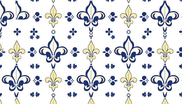 Seamless elegant pattern with Fleur De Lis dots and rhombus decoration in navy blue color on white