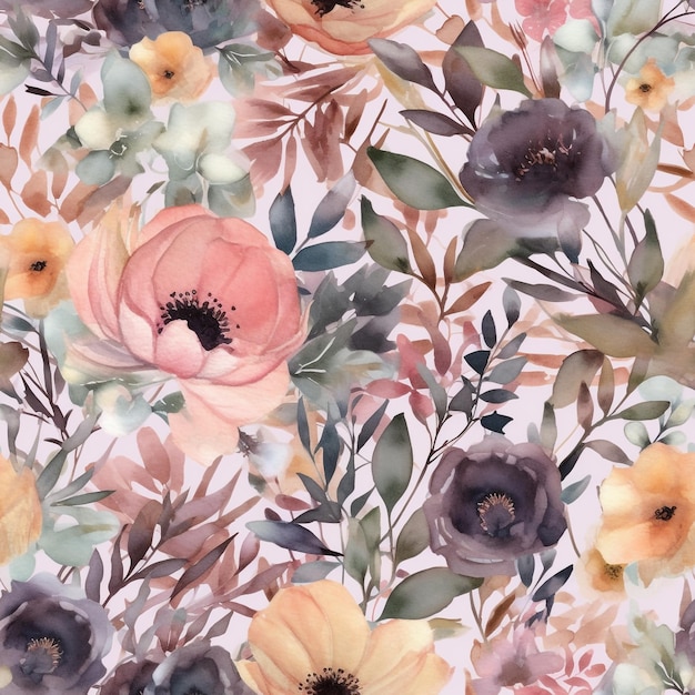 Seamless Elegant Watercolor Pattern of Beautiful Flowers