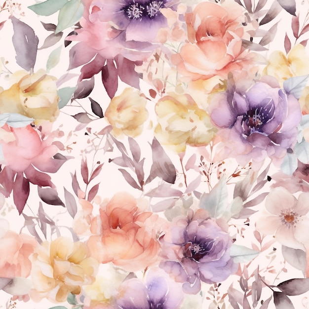 Seamless Elegant Watercolor Pattern of Beautiful Flowers