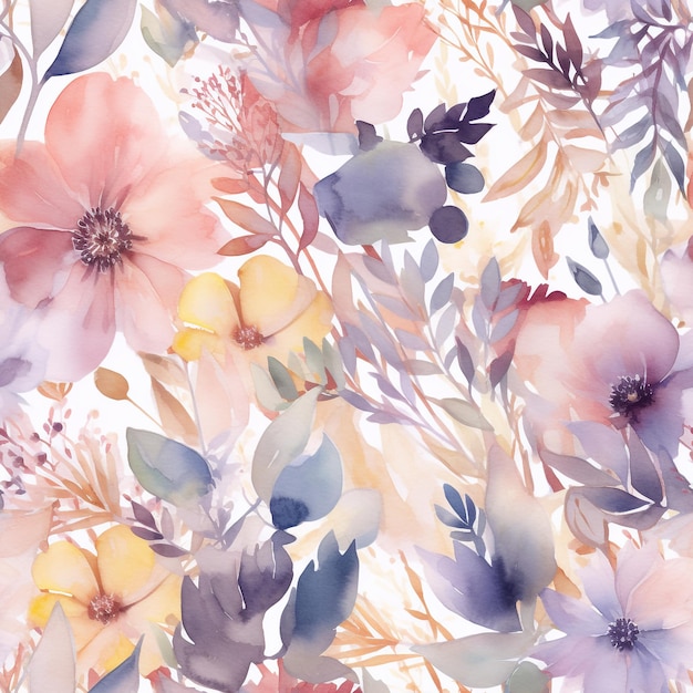 Seamless Elegant Watercolor Pattern of Beautiful Flowers