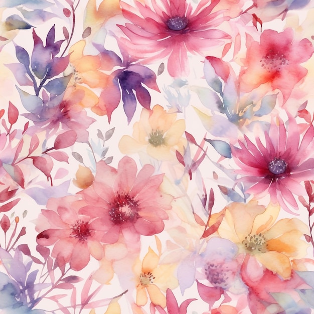 Seamless Elegant Watercolor Pattern of Beautiful Flowers