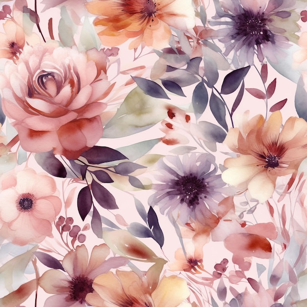 Seamless Elegant Watercolor Pattern of Beautiful Flowers