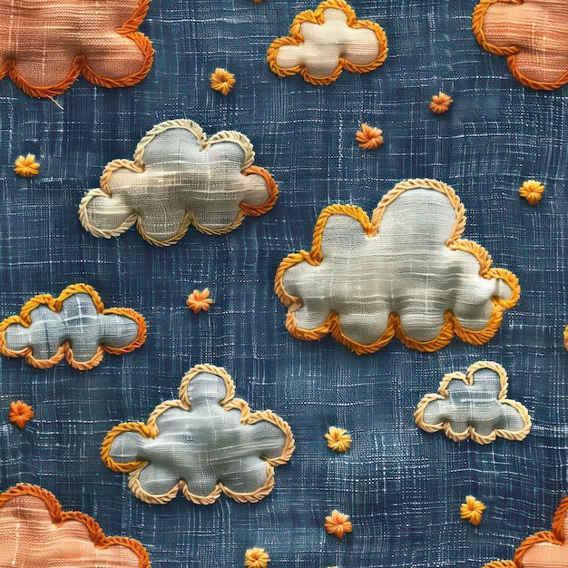 Seamless embroidery abstract clouds on linen fabric pattern