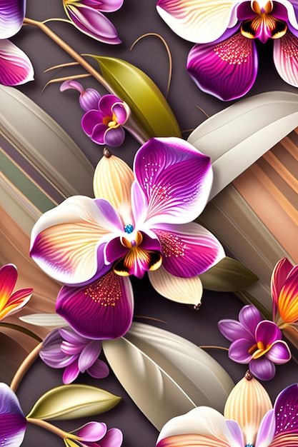 Seamless flat pattern with orchidea and foliage