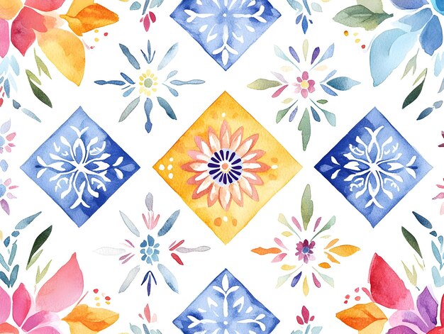 Photo seamless flat watercolor tile background soft rangoli patterns with ecofriendly symbols in pastel