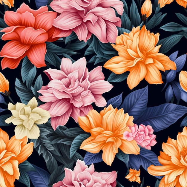 Seamless floral background with orange and pink flowers and leaves generative ai