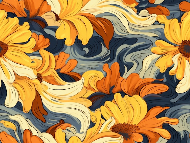 Seamless floral background with yellow and orange flowers on a blue background generative ai