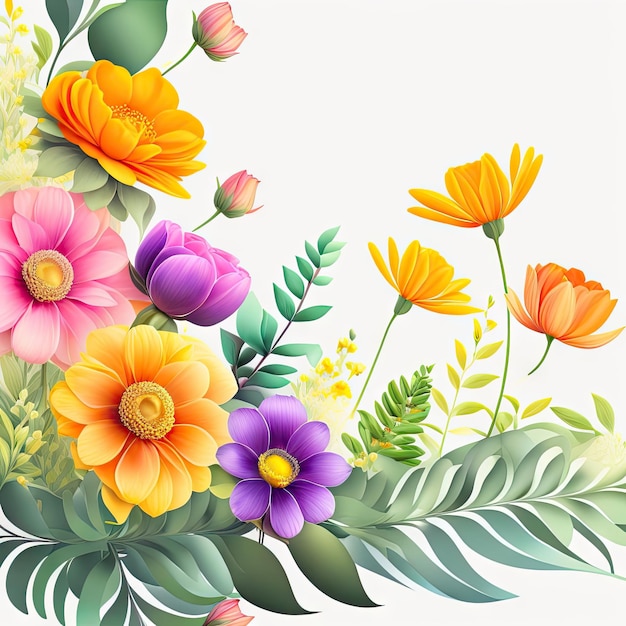 Seamless floral border Isolated fresh flowers on white background