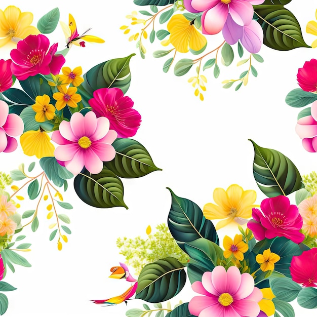 Seamless floral border Isolated fresh flowers on white background