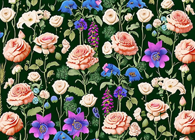 Seamless floral fabric pattern background inspired by a cottage garden with a charming mix of roses