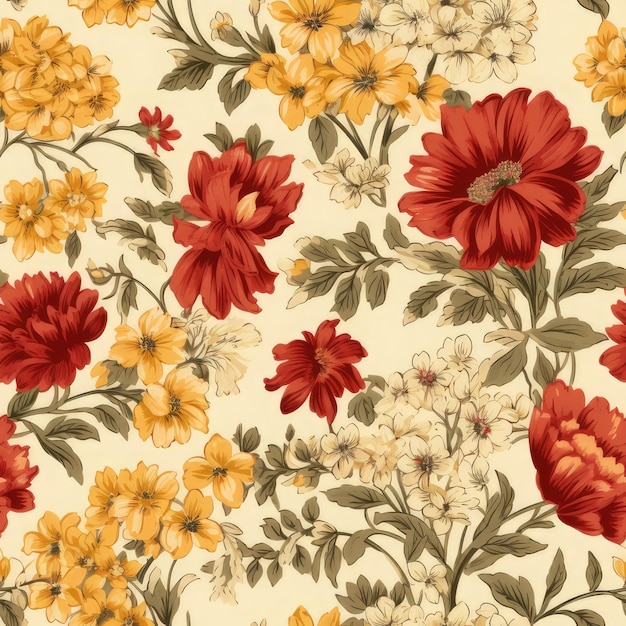 Seamless floral pattern autumn colors Red cream and yellor flowers