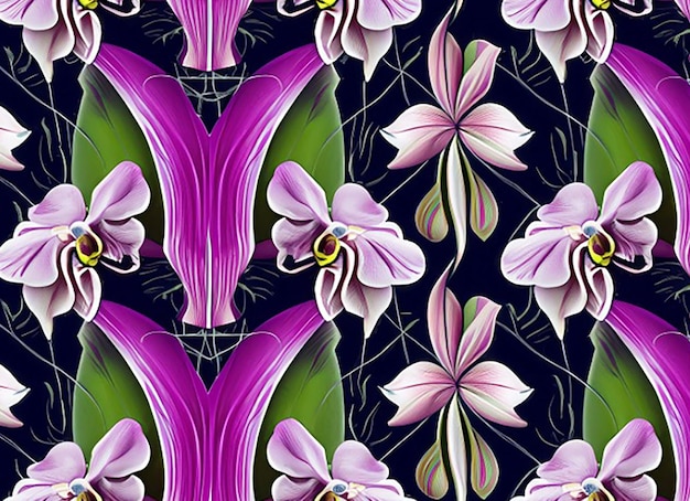 Seamless floral pattern background showcasing elegant orchids arranged in a symmetrical layout