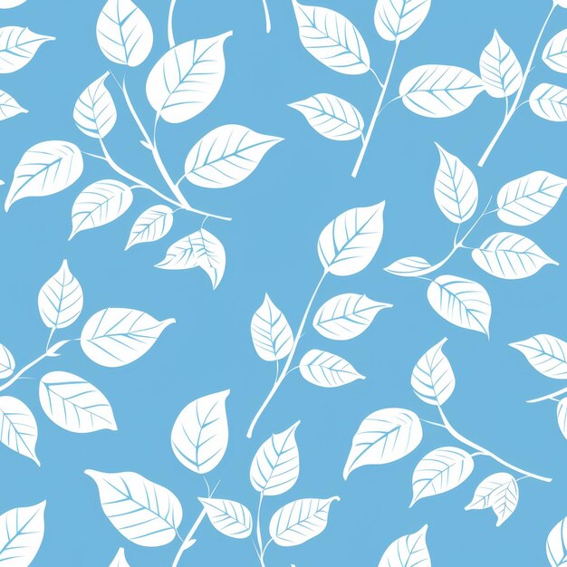 Seamless Floral Pattern Delicate White Leaves on Sky Blue Background Elegant Botanical Design for Fabric Wallpaper or Wrapping Paper