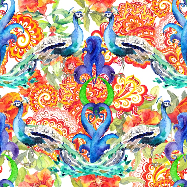 Seamless floral pattern - flowers, peacock birds, eastern decor with paisley.