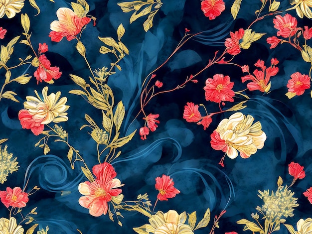 Seamless Floral Pattern Hibiscus Flowers On Isolated Dark Blue Background