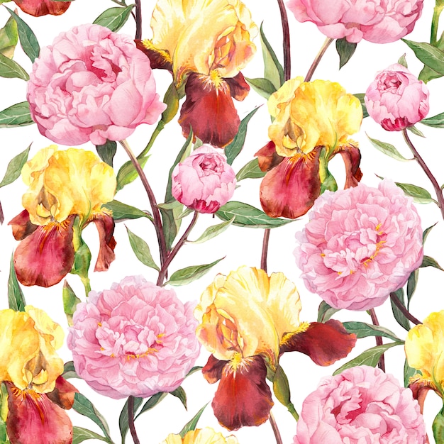 Seamless floral pattern. Peonies flowers and irises. Watercolor