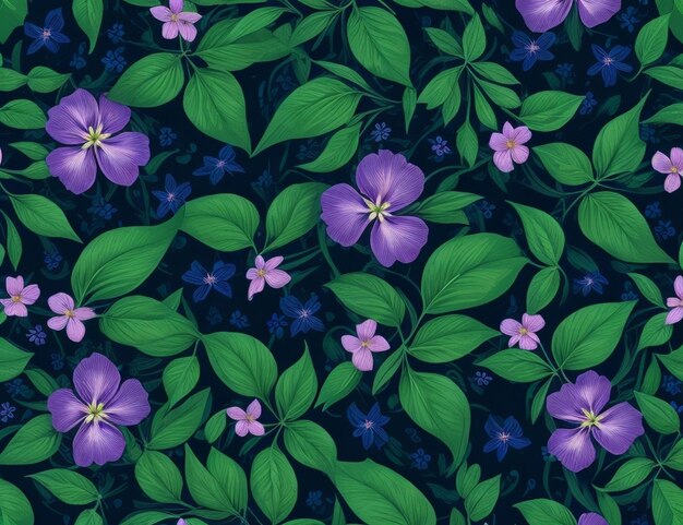 Seamless floral pattern vinca flower with leaves