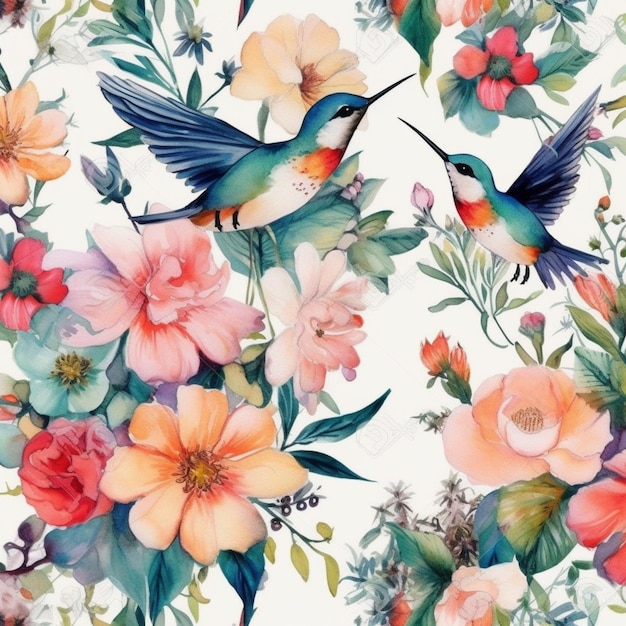 A seamless floral pattern with birds on a white background.