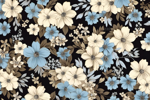 Seamless floral pattern with blue and yellow flowers on black background