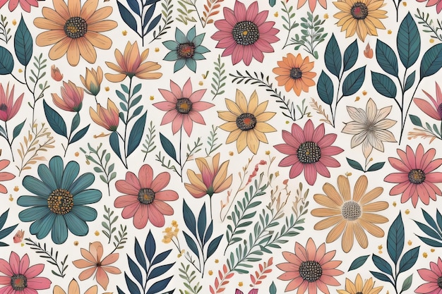 Seamless floral pattern with colorful flowers and leaves on a white background generative ai