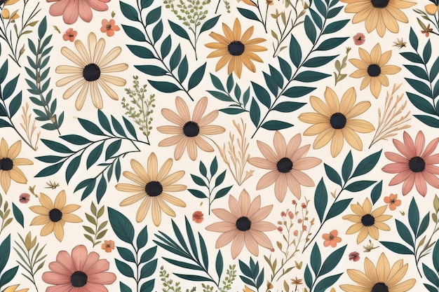 Seamless floral pattern with colorful flowers and leaves on a white background generative ai