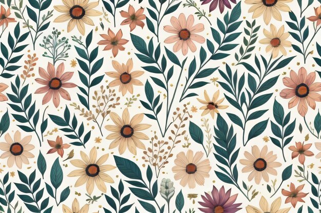 Seamless floral pattern with colorful flowers and leaves on a white background generative ai