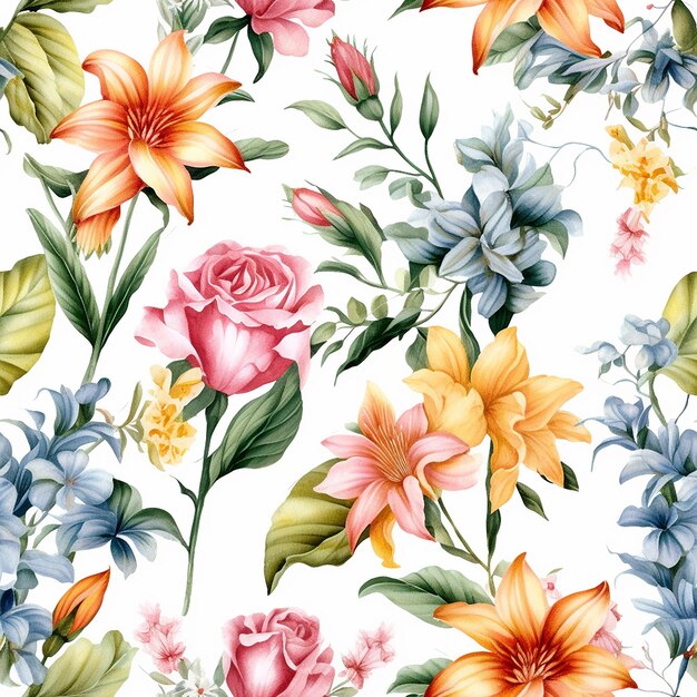 seamless floral pattern with colorful flowers on a white background