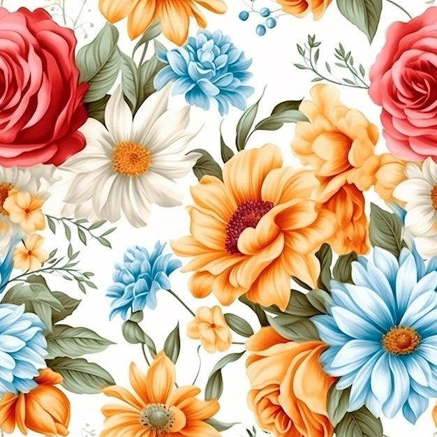 seamless floral pattern with colorful flowers on a white background