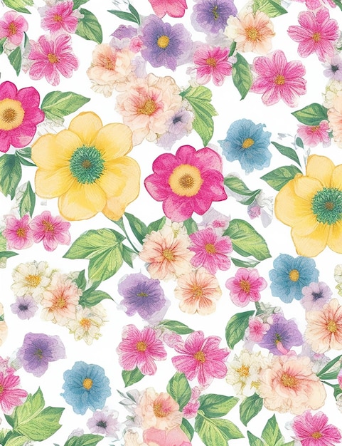 Seamless floral pattern with colorful flowers on a white background