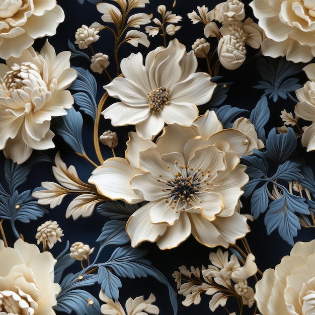 Seamless floral pattern with damask baroque ornament in blue and beige colors flowers background