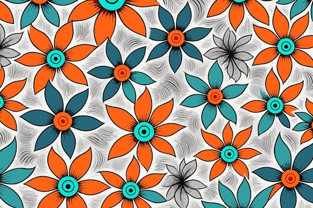 Seamless floral pattern with decorative flowers in blue and orange colors