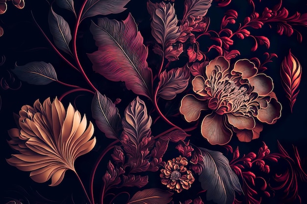 Seamless floral pattern with flowers on dark Generative AI