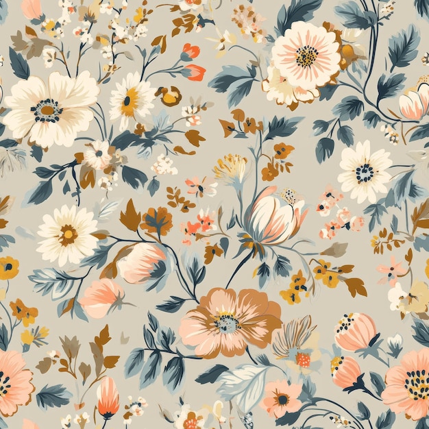 Photo seamless floral pattern with flowers and leaves in pastel colors