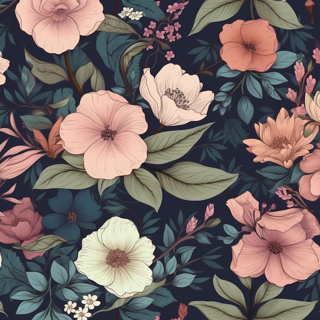 A seamless floral pattern with flowers and leaves.