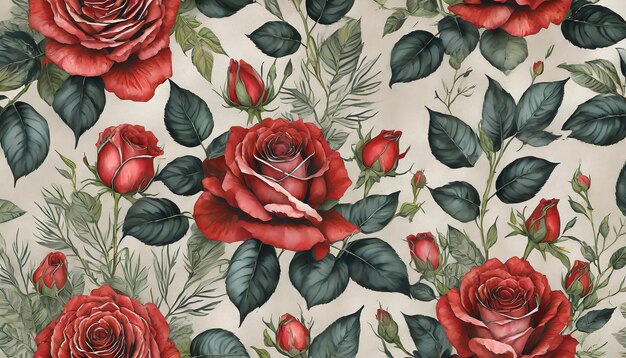 Photo seamless floral pattern with fresh red roses_ handdrawn botanical r