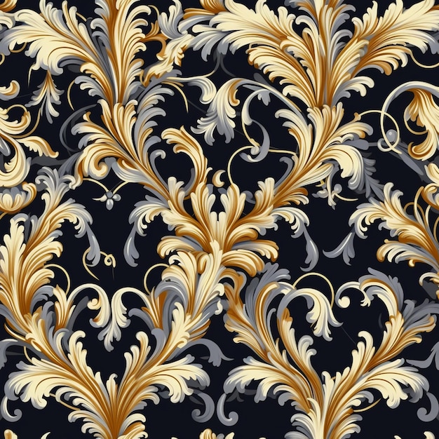 A seamless floral pattern with gold and silver leaves on a black background generative ai