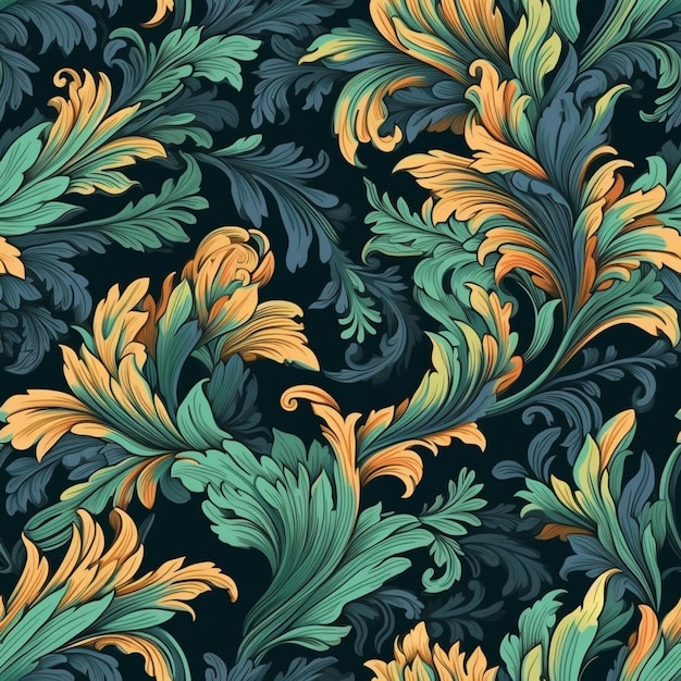 A seamless floral pattern with green and yellow leaves on a black background generative ai