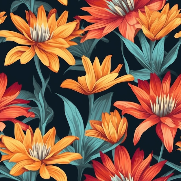 Seamless floral pattern with orange flowers on a black background generative ai