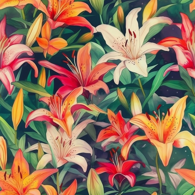 A seamless floral pattern with orange and red flowers of lilies.