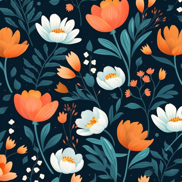 Seamless floral pattern with orange and white flowers on a dark background generative ai