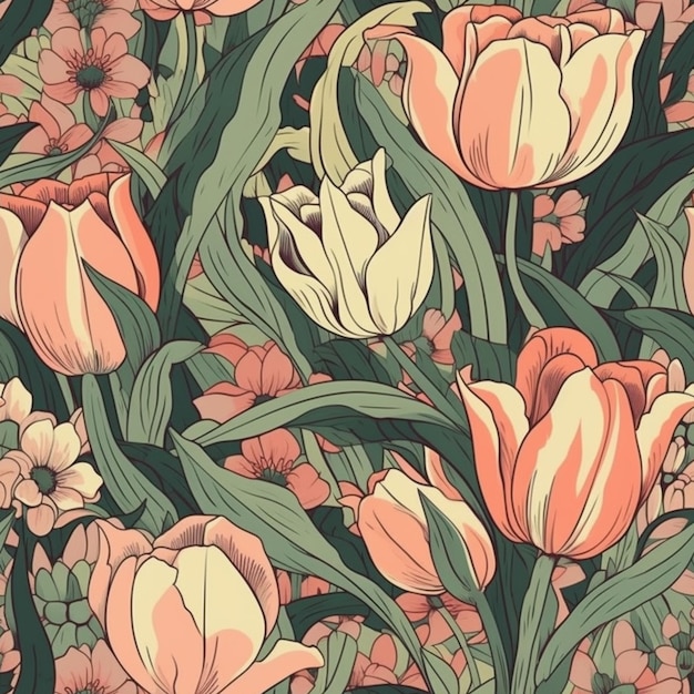 seamless floral pattern with orange and white tulips and pink flowers generative ai